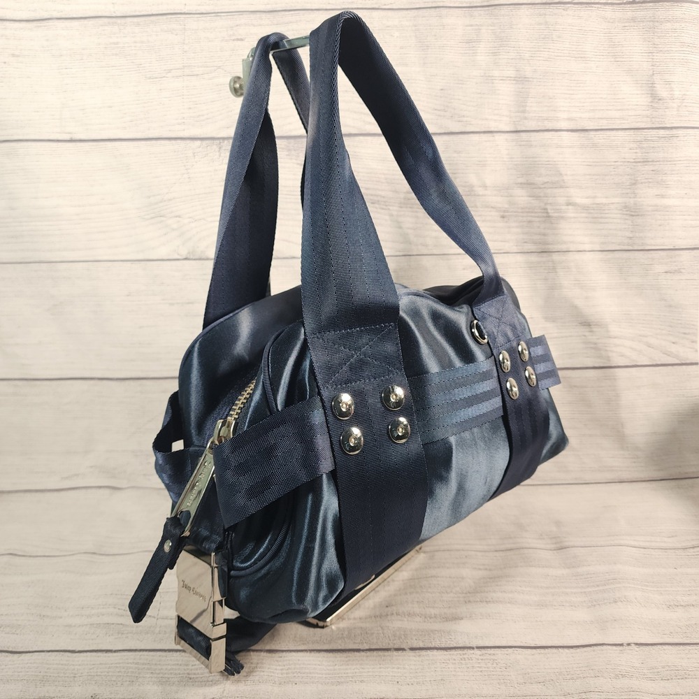 Juicy Couture Navy Blue Satin Seatbelt Webbing Bowler Bag Silver Studded Satchel